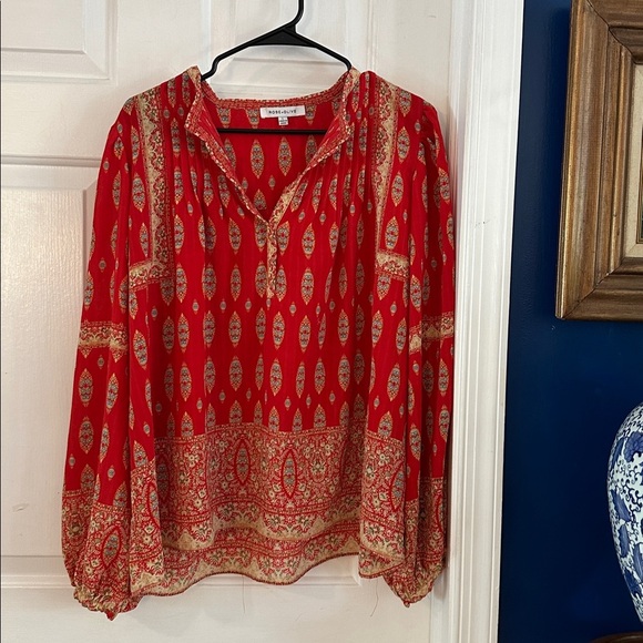 Women Rose & Olive Vibrant Red Patterned Boho V Neck Balloon Sleeve Top Size L - Picture 2 of 7